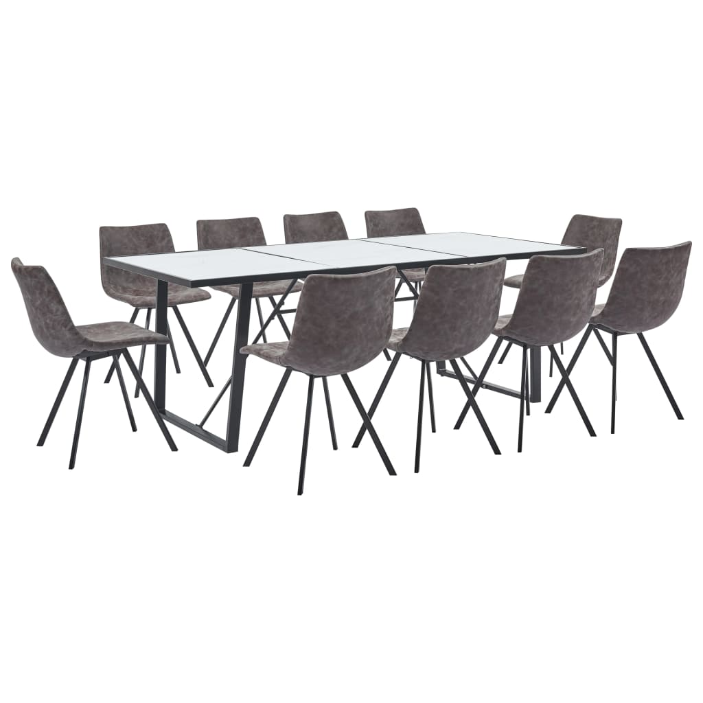 11 Piece Dining Set Brown Faux Leather