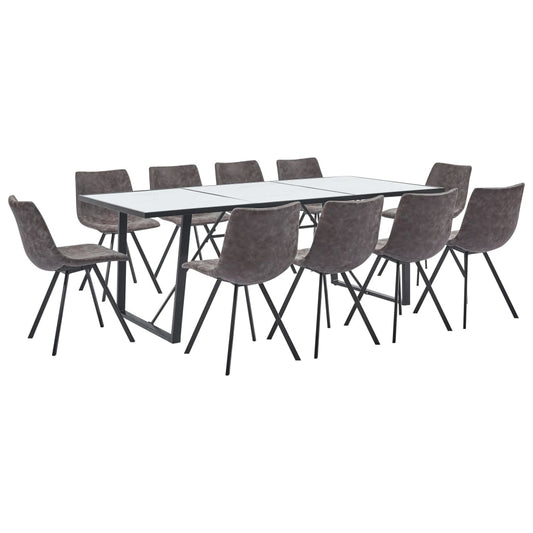 11 Piece Dining Set Brown Faux Leather