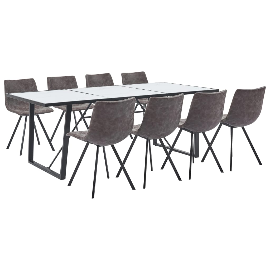 9 Piece Dining Set Brown Faux Leather