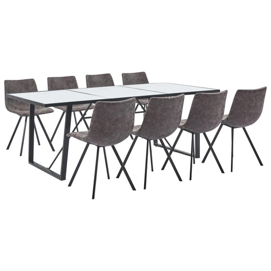 9 Piece Dining Set Brown Faux Leather