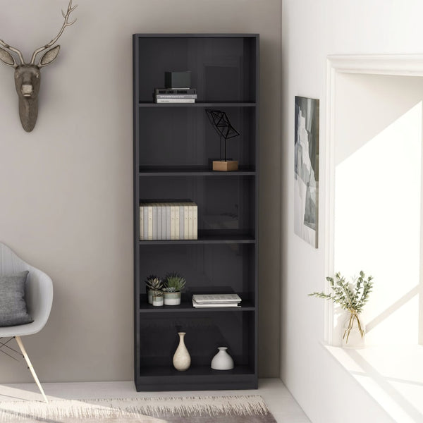  5-Tier Book Cabinet High Gloss Grey 60x24x175 cm Chipboard