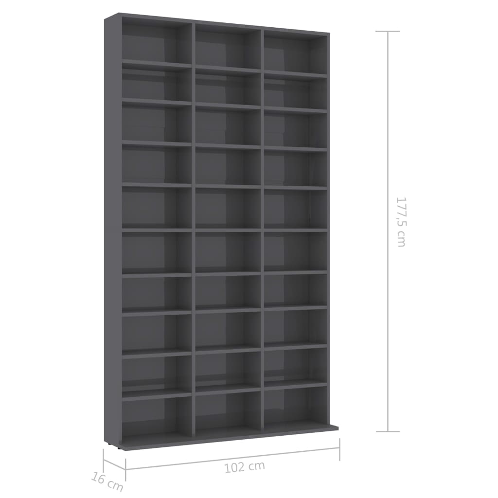 CD Cabinet High Gloss Grey 102x16x177,5 cm Chipboard