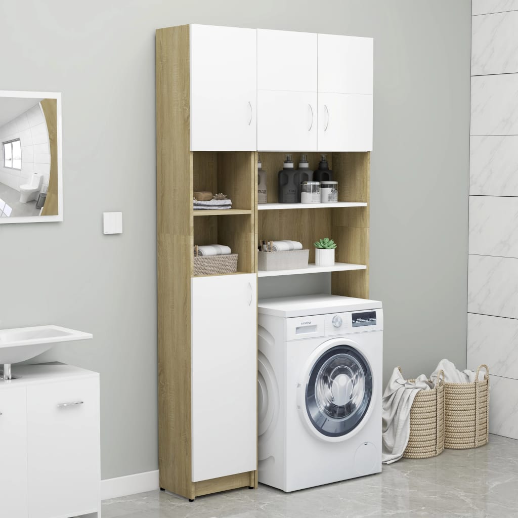 Bathroom Cabinet White and Sonoma Oak 32x25.5x190 cm Chipboard