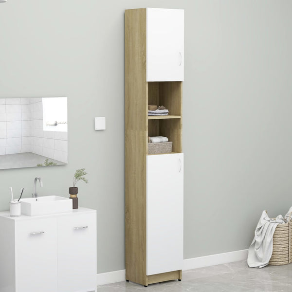  Bathroom Cabinet White and Sonoma Oak 32x25.5x190 cm Chipboard