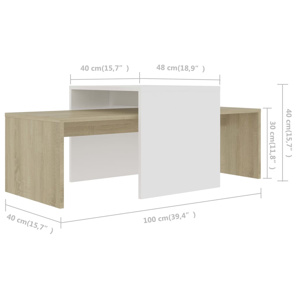 Coffee Table Set White and Sonoma Oak 100x48x40 cm Chipboard