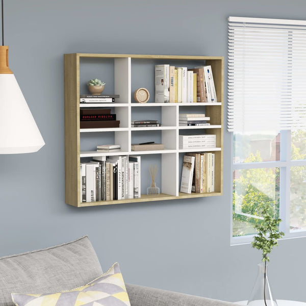  Wall Shelf White and Sonoma Oak 90x16x78 cm Chipboard