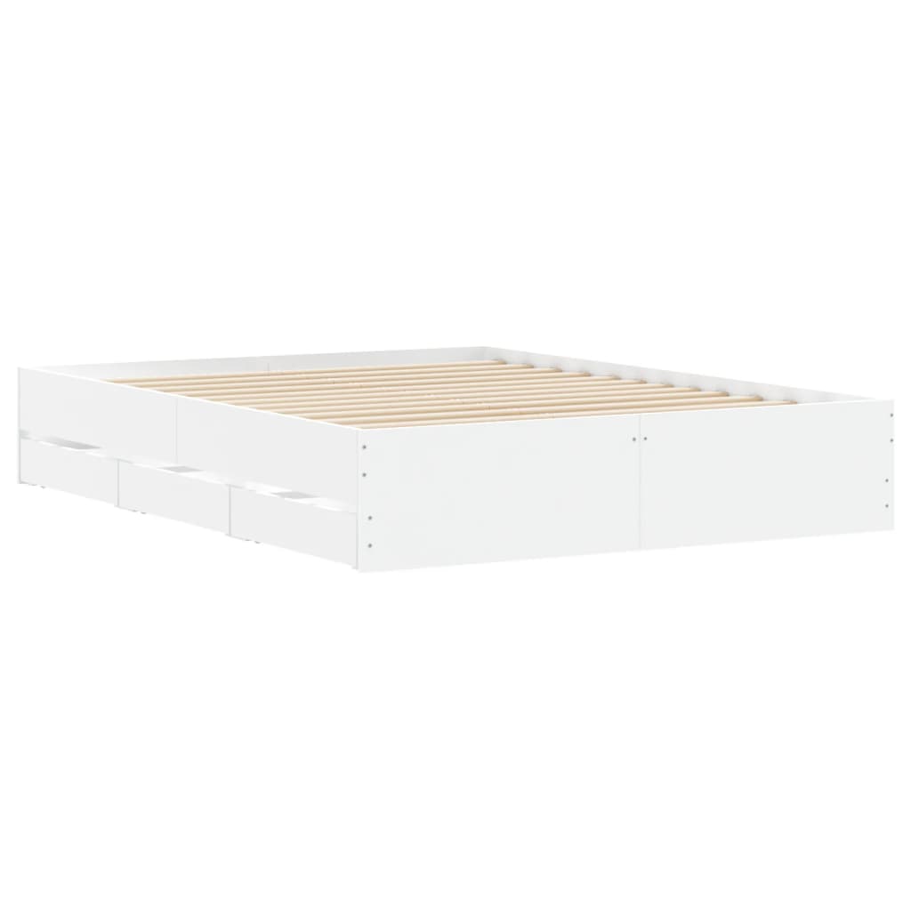 Bed Frame with Drawers-White Engineered Wood