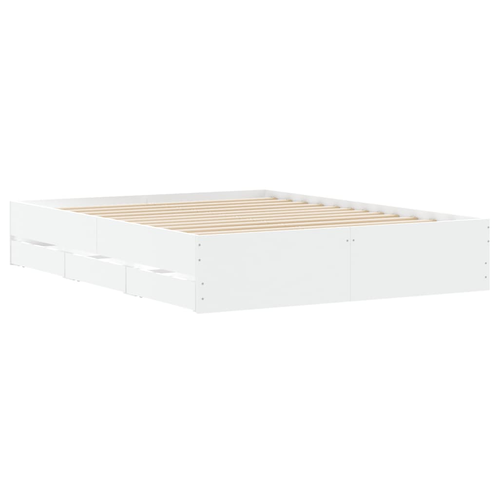 Bed Frame with Drawers-White Engineered Wood