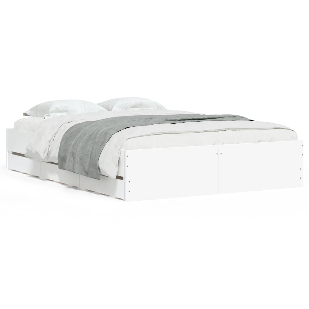 Bed Frame with Drawers-White Engineered Wood