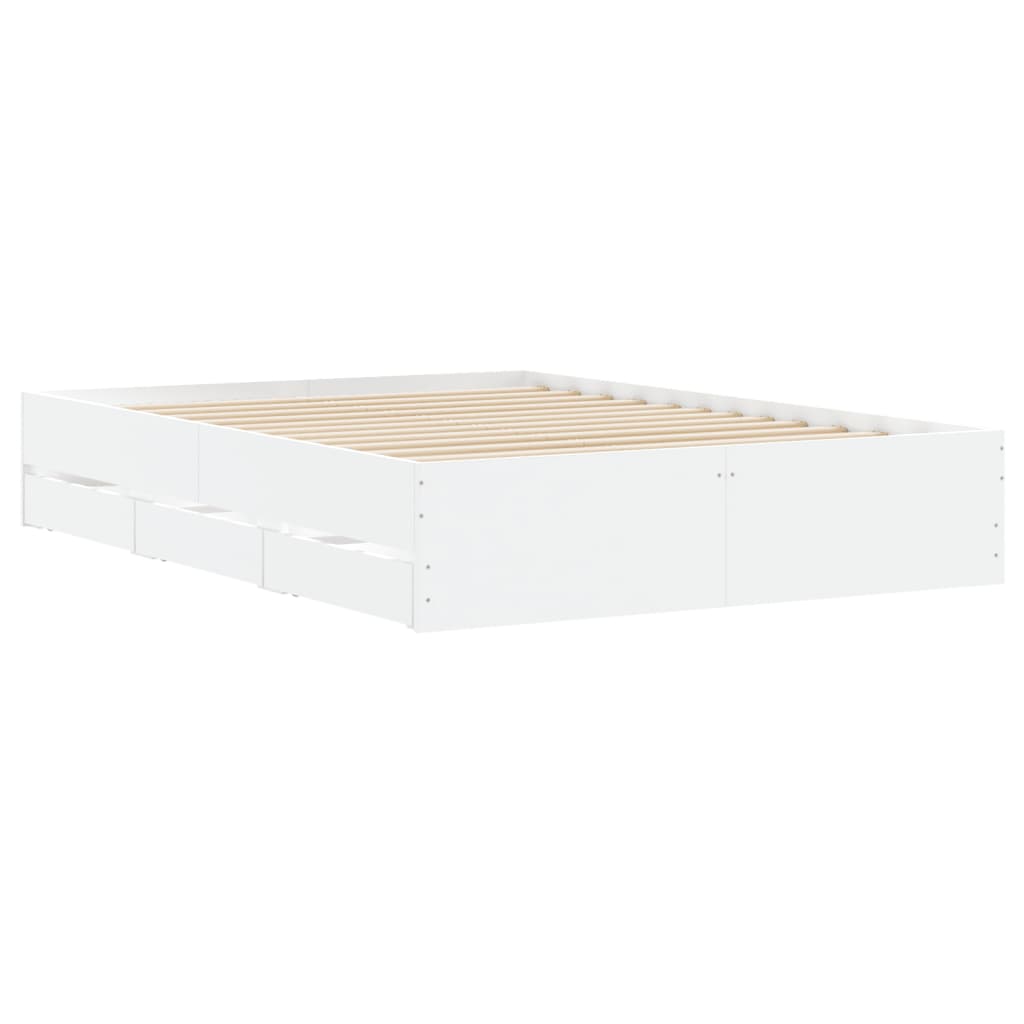 Bed Frame with Drawers-White Engineered Wood