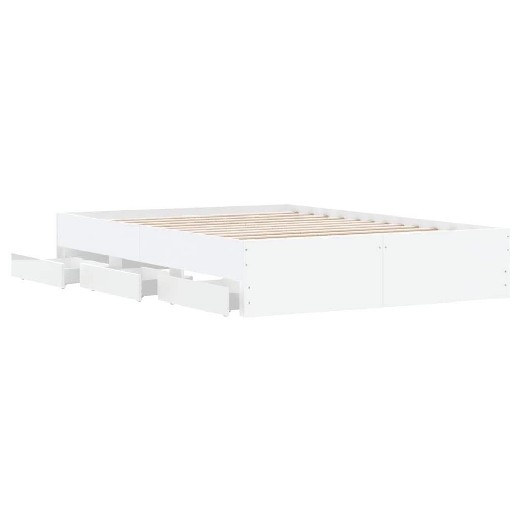 Bed Frame with Drawers-White Engineered Wood