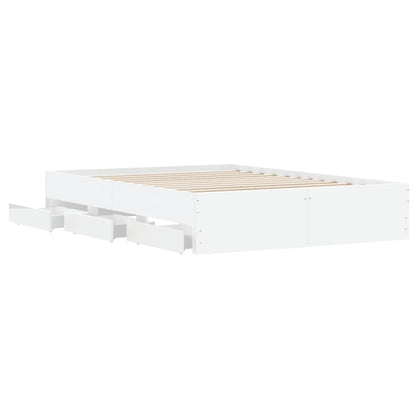 Bed Frame with Drawers-White Engineered Wood