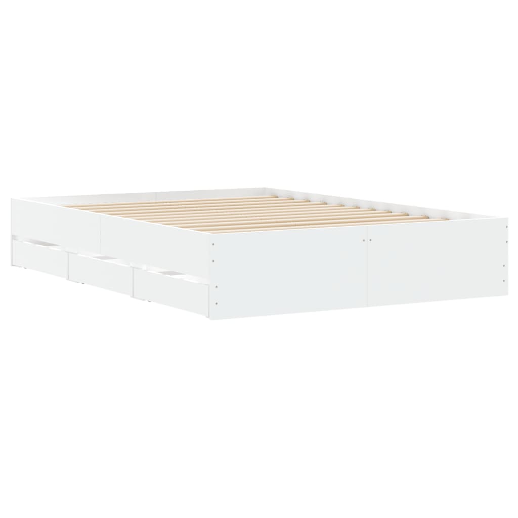 Bed Frame with Drawers-White Engineered Wood