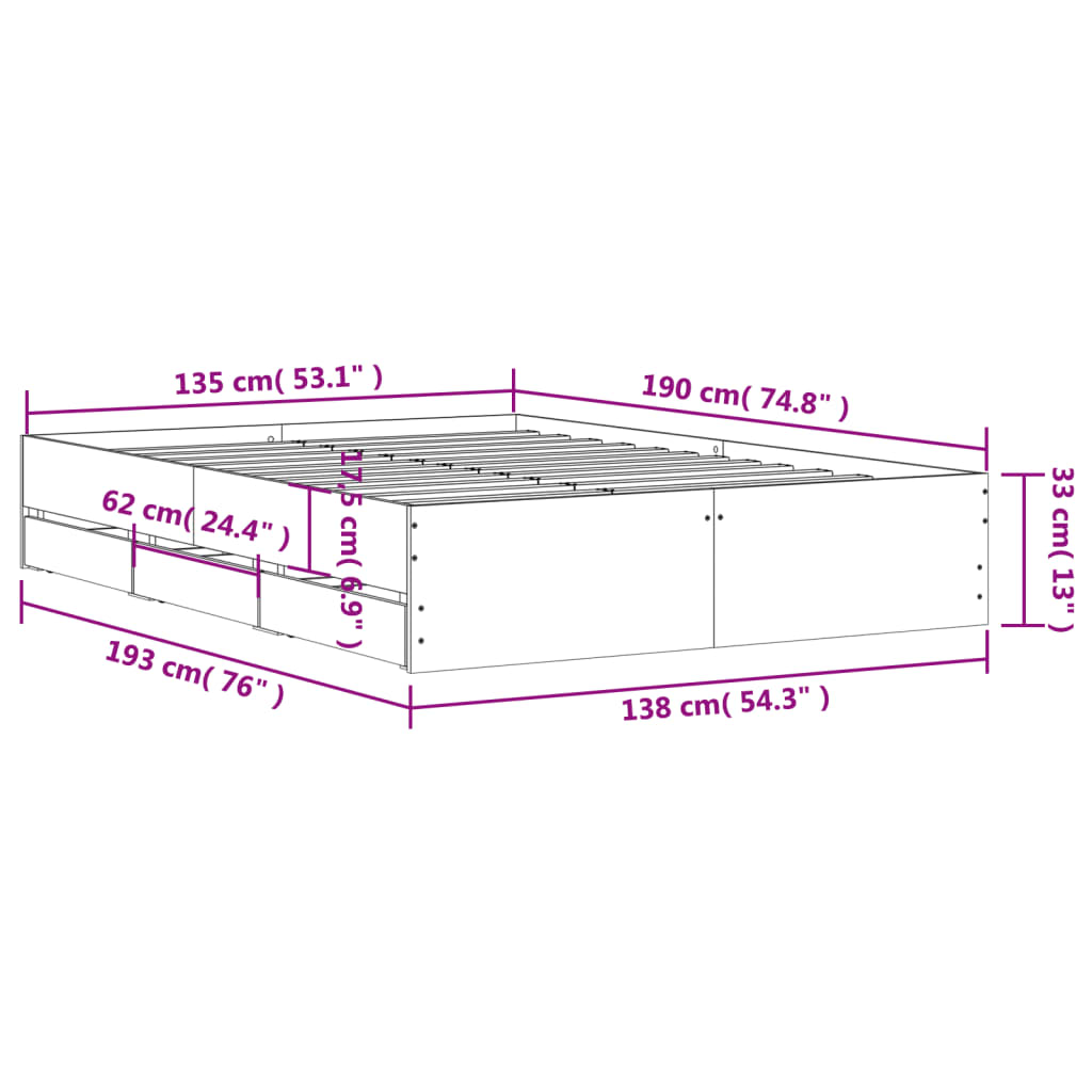 Bed Frame with Drawers-White Engineered Wood