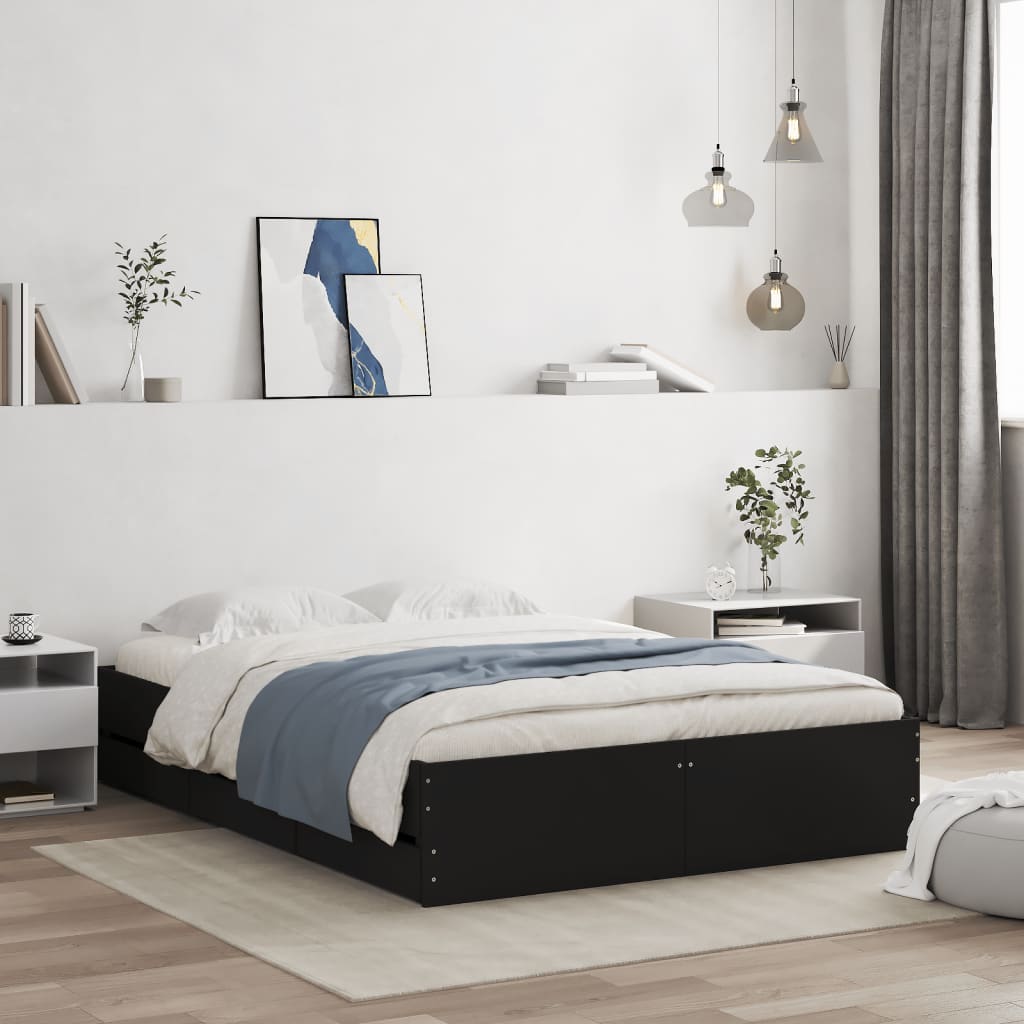Bed Frame with Drawers-White Engineered Wood