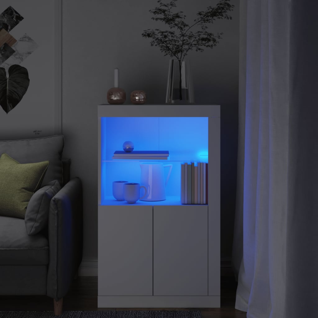 Side Cabinet with LED Lights White/Black Engineered Wood
