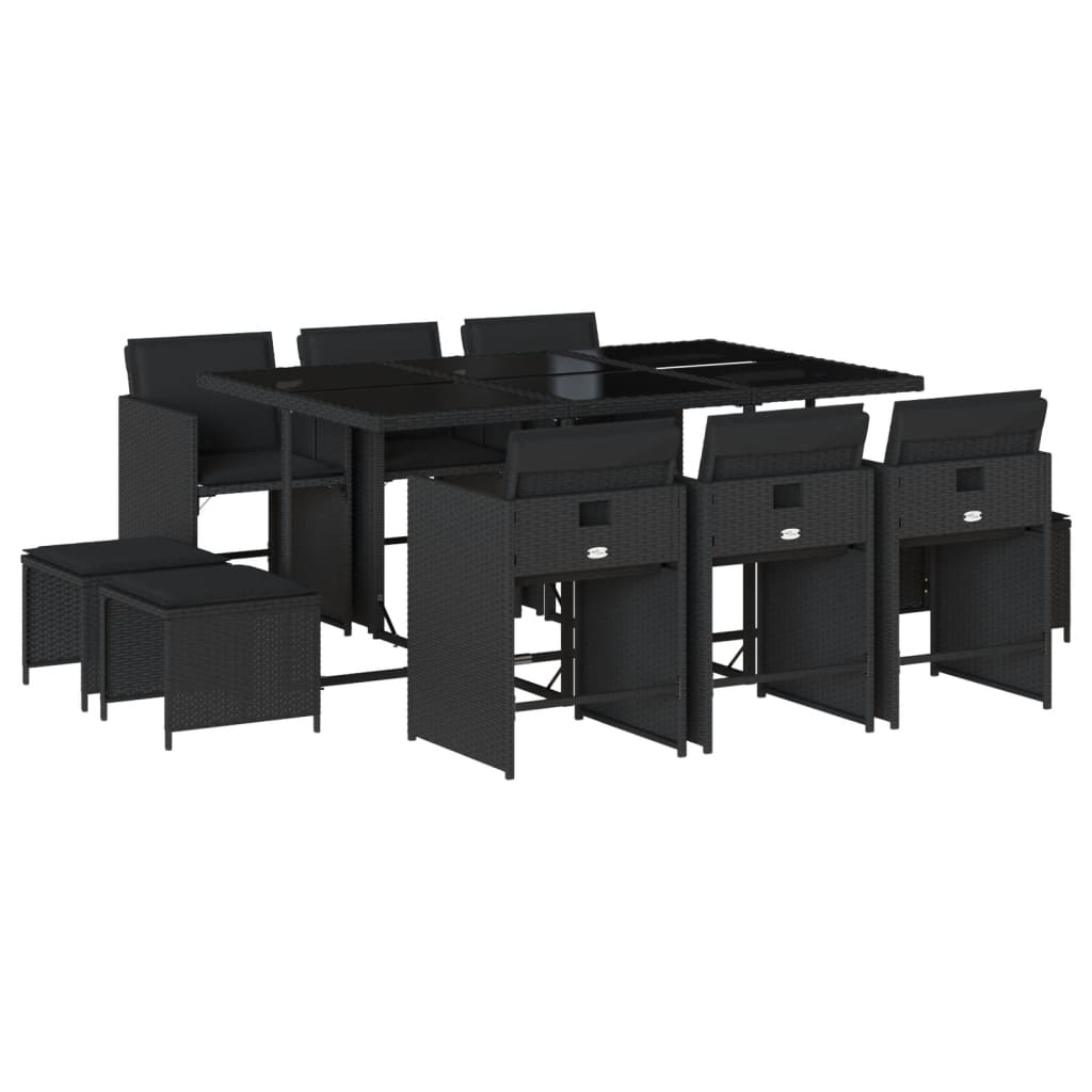 11-Piece Black Poly Rattan Dining Set with Plush Cushions for Outdoor Dining 
