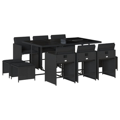 11-Piece Black Poly Rattan Dining Set with Plush Cushions for Outdoor Dining 