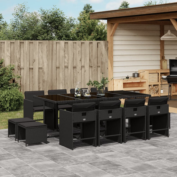  Comfort:13 Piece Garden Dining Set with Cushions Black Poly Rattan