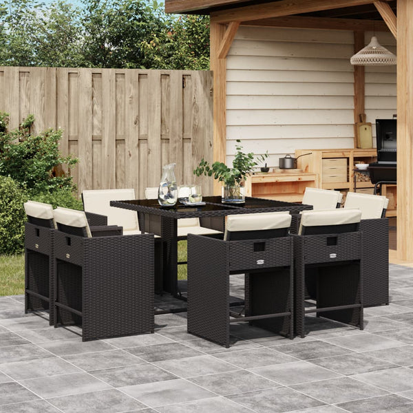  9 Pcs Garden Dining Set with Cushions Black Poly Rattan