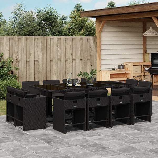  13 Piece Garden Dining Set with Cushions Black Poly Rattan Elegance