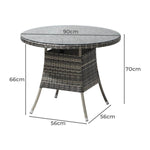 90CM Outdoor Dining Table Round Rattan Glass Table Patio Furniture Grey