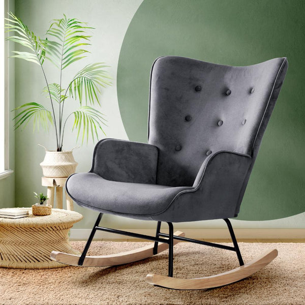  Rocking Chair Armchair Velvet Accent Chairs Fabric Upholstered Grey