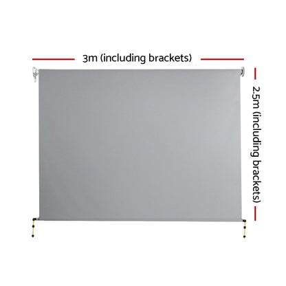Instahut 3m x 2.5m Retractable Straight Drop Roll Down Awning - Grey