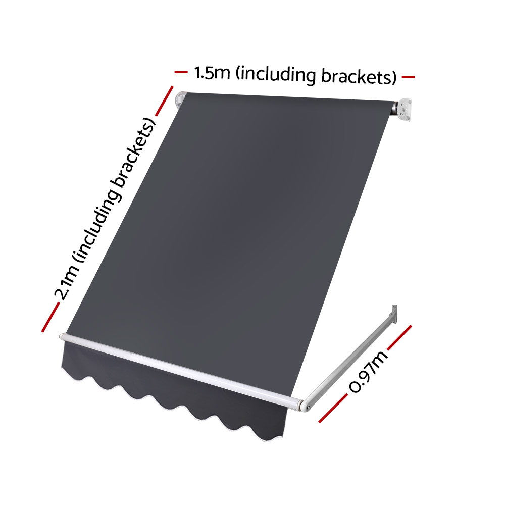 Instahut 1.5m x 2.1m Retractable Fixed Pivot Arm Awning - Grey