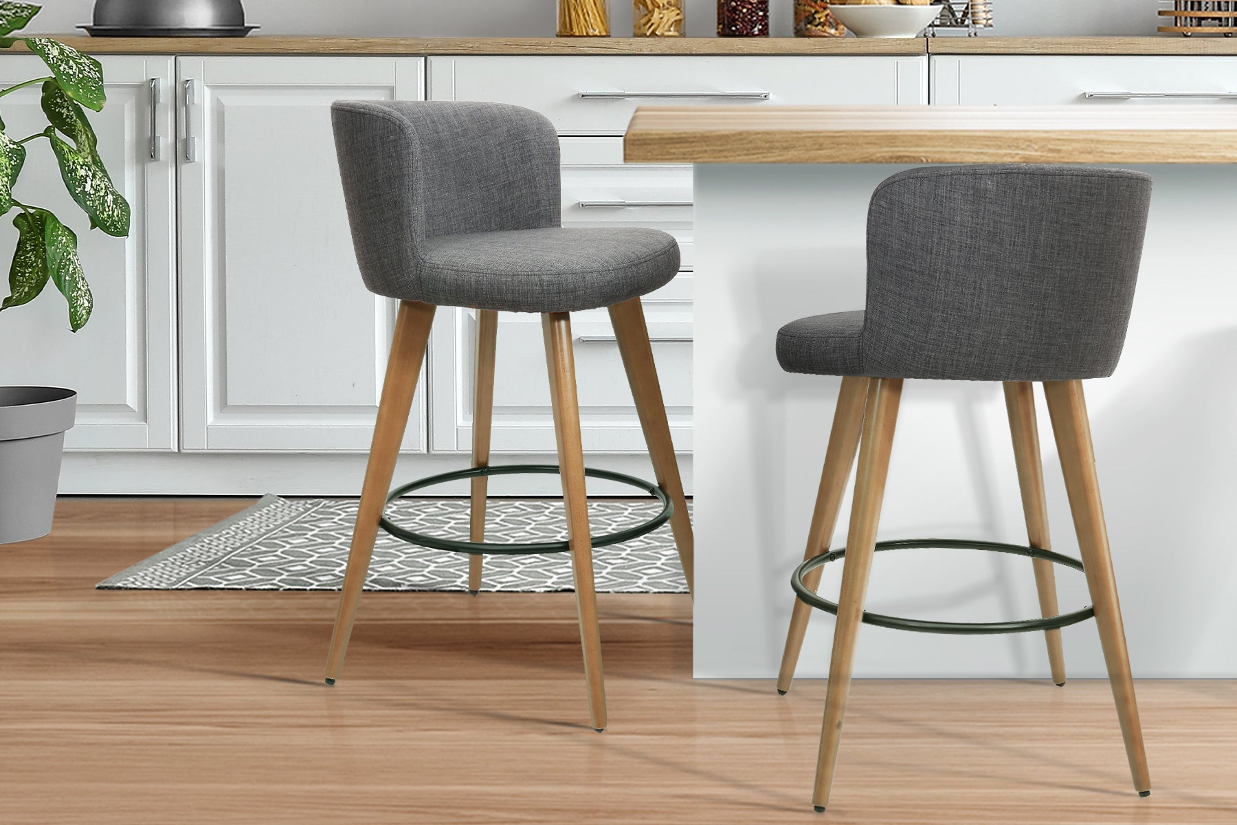 Set of 2 Wooden Fabric Bar Stools- Charcoal