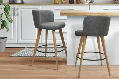 Set of 2 Wooden Fabric Bar Stools- Charcoal