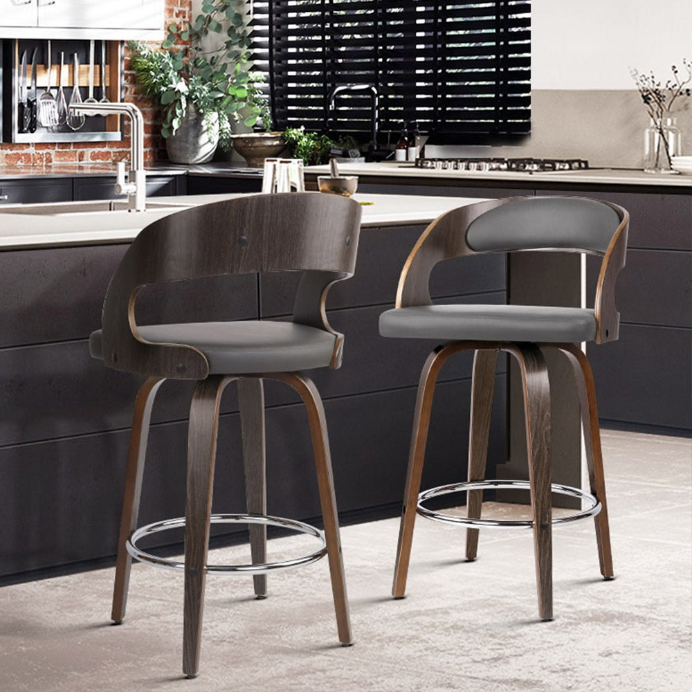 Set of 2 Walnut Wooden Bar Stool - Grey and Walnut
