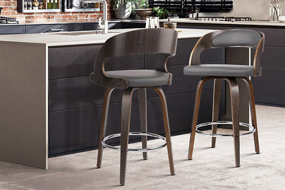 Set of 2 Walnut Wooden Bar Stool - Grey and Walnut