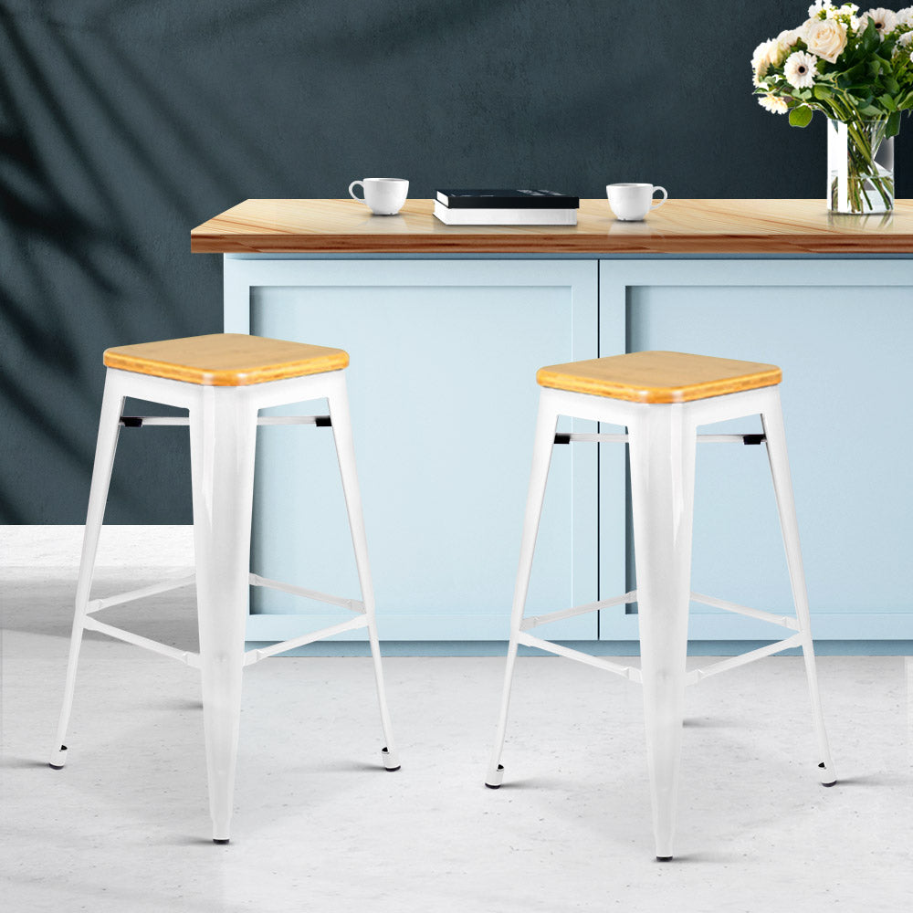 Set of 2 Metal and Bamboo Bar Stools - White