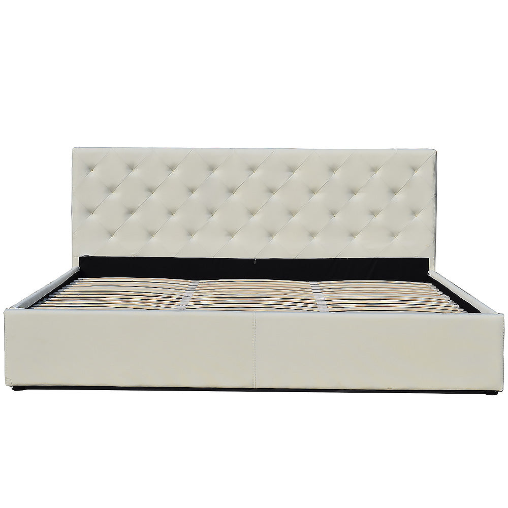 King Fabric Gas Lift Bed Frame with Headboard - Beige