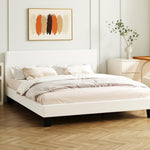 King Bed Frame with Wooden Slats and Boucle Fabric Bed Base Mattress Platfrom White