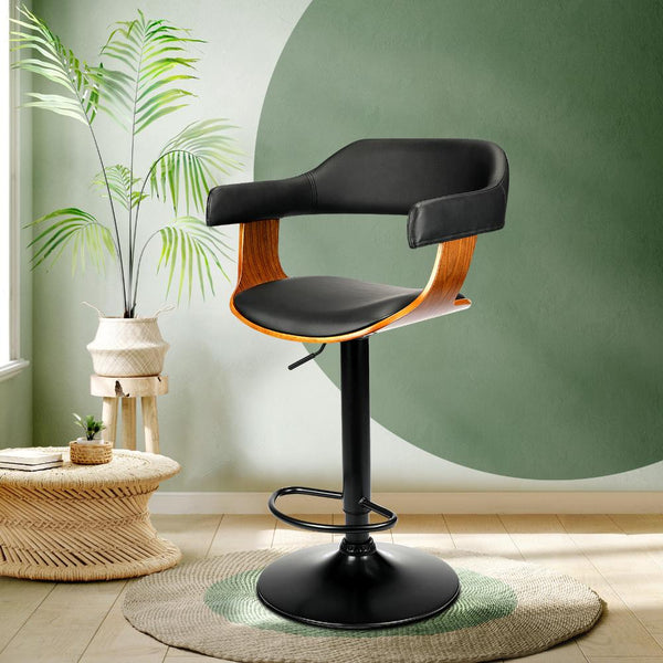  Wooden Bar Stools Kitchen Swivel Chairs Bar Stool Leather Black x1