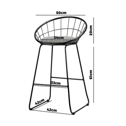 2x Bar Stools Metal Bar Stool Kitchen Chairs Grey Fabric Metallic Black