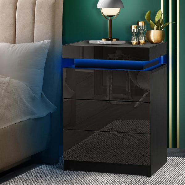  Bedside Table RGB LED Nightstand Cabinet 3 Drawers Side Table Furniture Black
