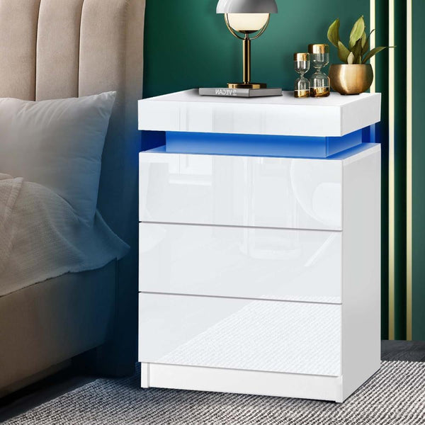  Bedside Table RGB LED Nightstand Cabinet 3 Drawers Side Table Furniture White