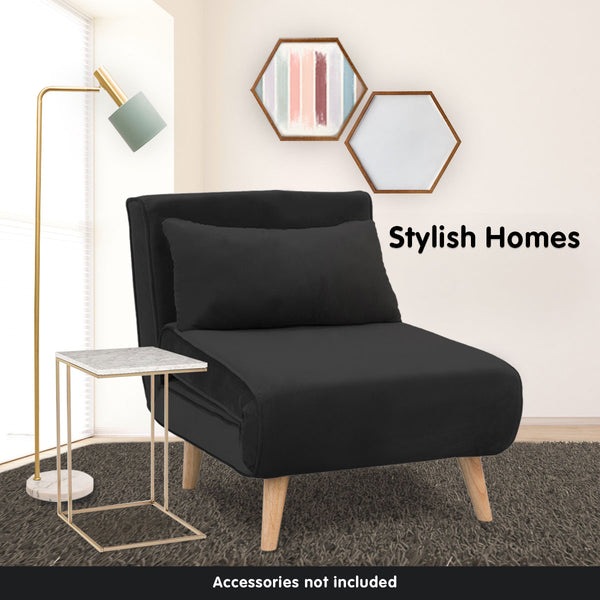  Adjustable Corner Sofa Bed Single Seater Lounge Velvet - Black