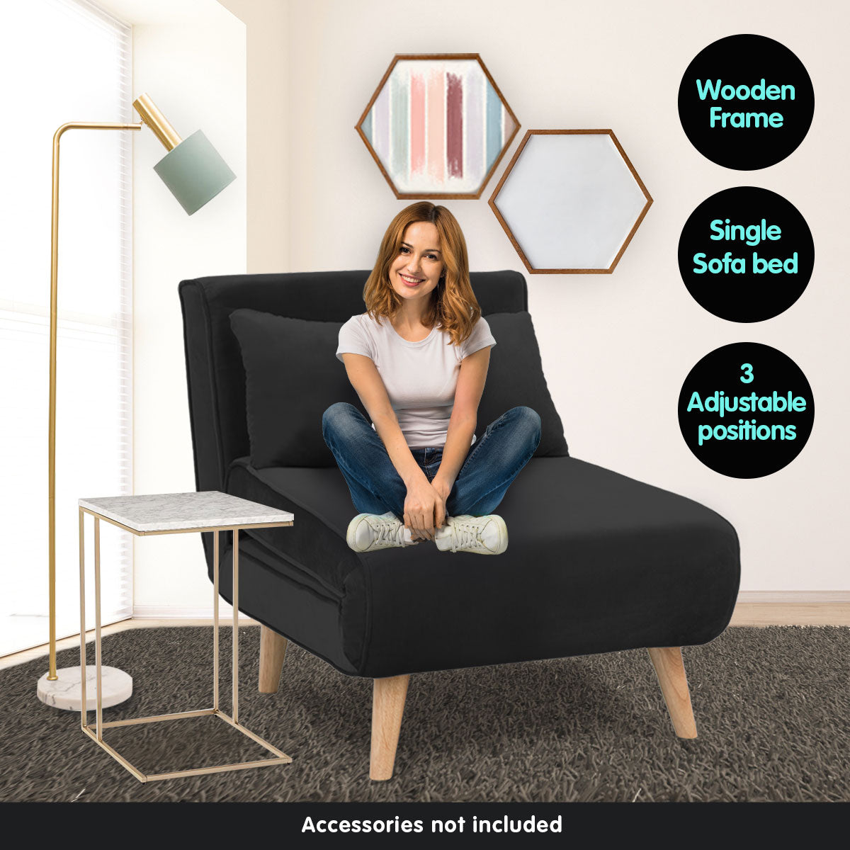 Adjustable Corner Sofa Bed Single Seater Lounge Faux Velvet - Black