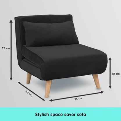 Adjustable Corner Sofa Bed Single Seater Lounge Faux Velvet - Black