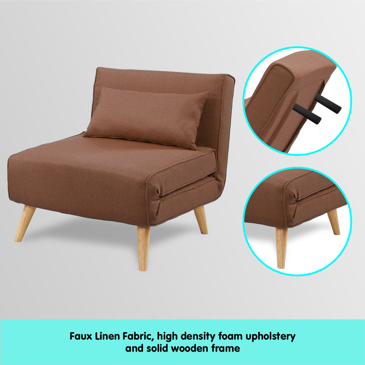 Adjustable Corner Sofa Single Seater Lounge Linen Bed Seat - Brown
