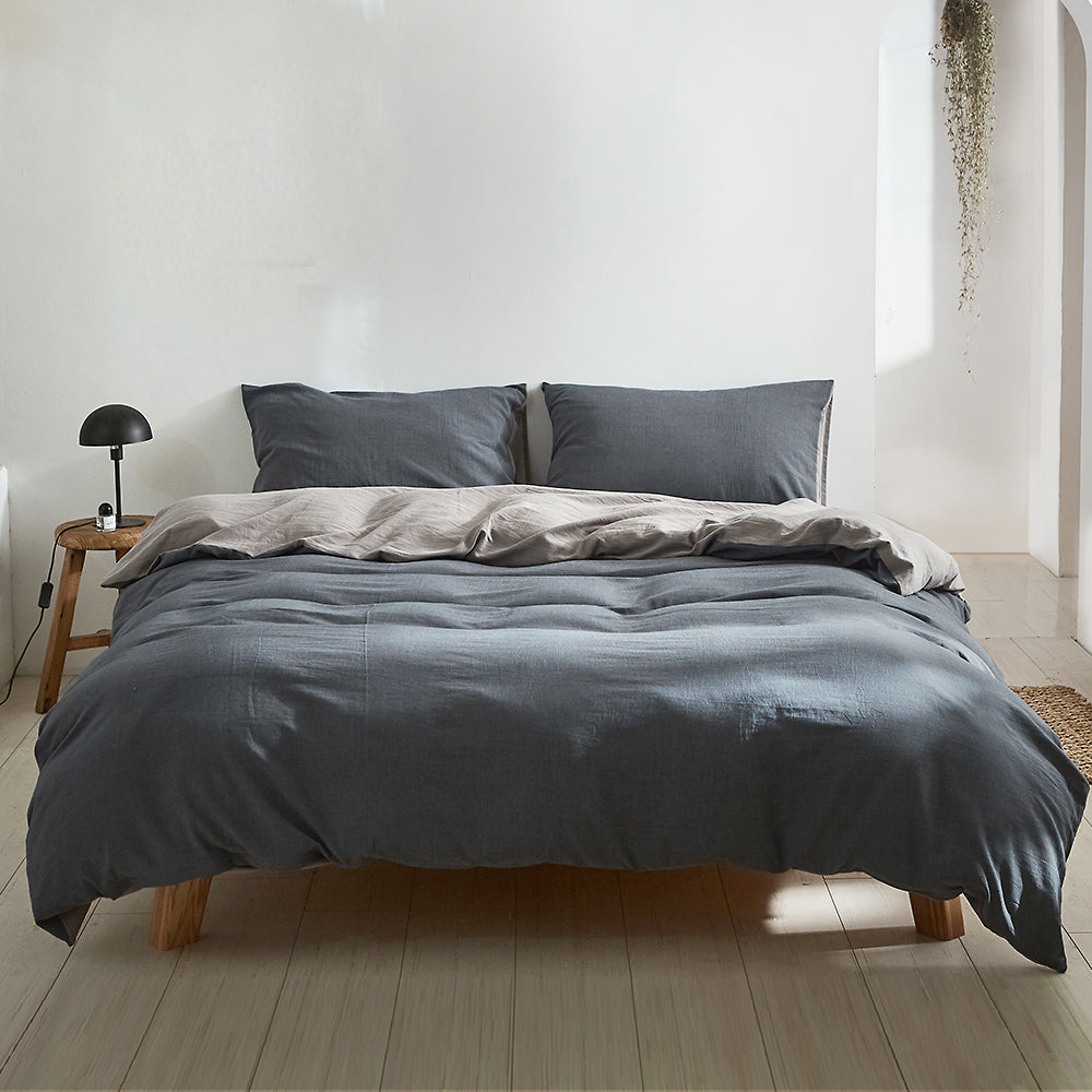 Quilt Cover Set Cotton Duvet Queen Blue Dark Grey