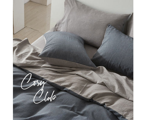 Cosy Club Quilt Cover Set Cotton Duvet Single Blue Dark Grey
