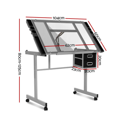 Artiss Drawing Desk Drafting Table Craft Adjustable Glass Art Tilt Drawers Grey