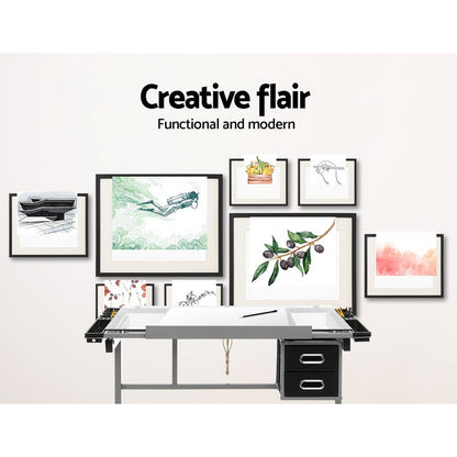 Artiss Drawing Desk Drafting Table Craft Adjustable Glass Art Tilt Drawers Grey