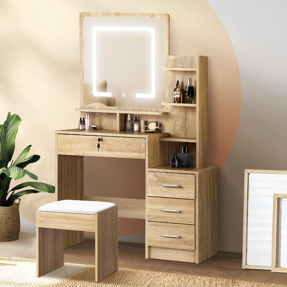 Dressing Table Stool Set Mirror LED Light Storage Cabinet Oak/White