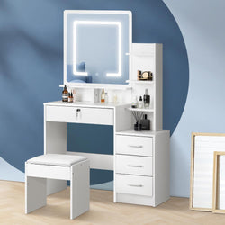 Dressing Table Stool Set Mirror LED Light Storage Cabinet Oak/White